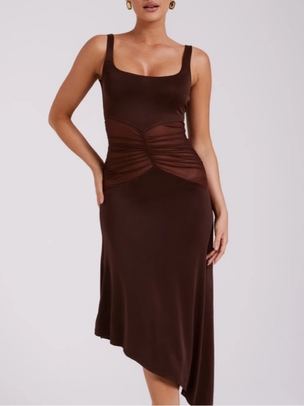 Meshki Kora Mesh Paneled Sleeveless Ruched Asymmetric Midi Dress